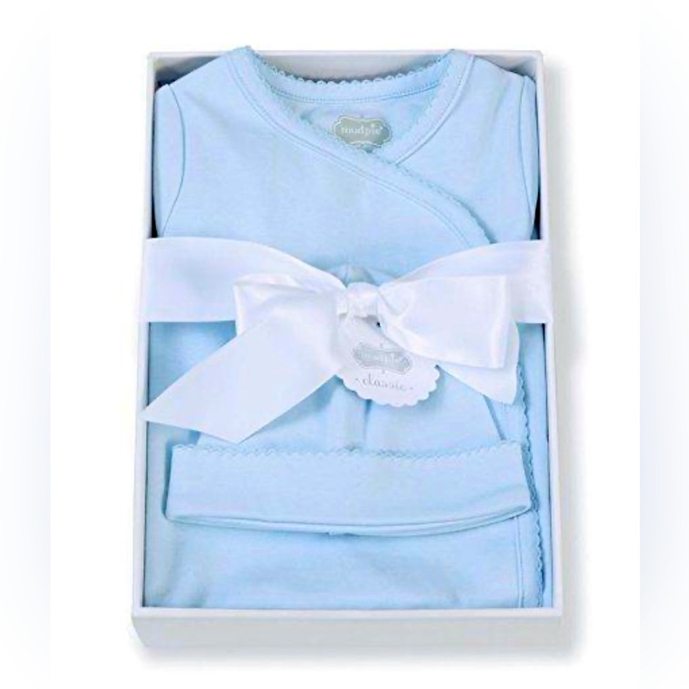 Mud Pie Baby boy gift boxed 2 piece set overall onesie and hat new in box blue